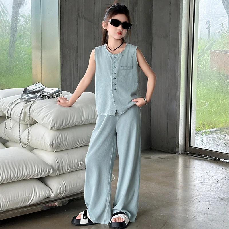 女童夏季无袖套装2024新款网红女孩夏季薄款儿童夏装阔腿裤两件套