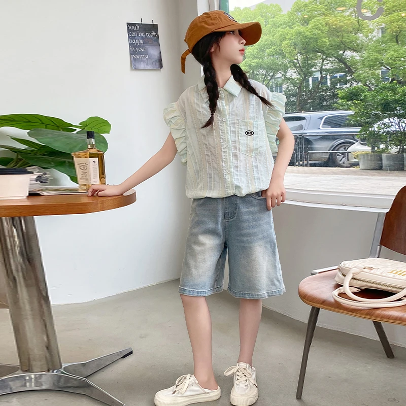 女孩夏装套装2024新款大童洋气网红泡泡袖衬衫儿童夏季牛仔短裤
