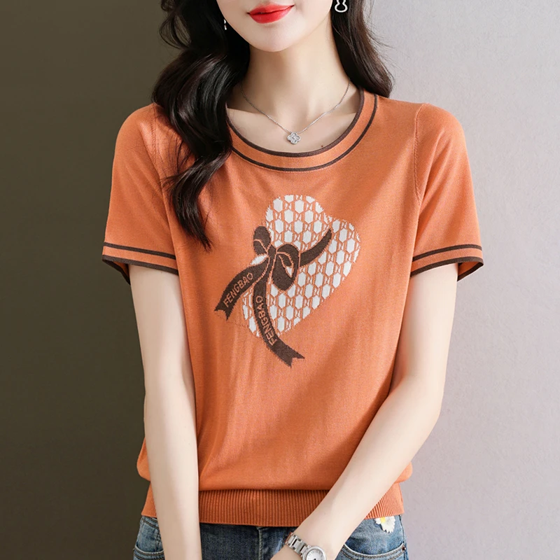 冰丝针织衫女2024新款夏季妈妈洋气宽松显瘦短袖t恤薄款百搭上衣1