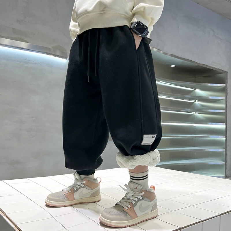 儿童装男童加绒裤子秋冬款2025新款中大童冬季羊羔绒棉裤加厚卫裤