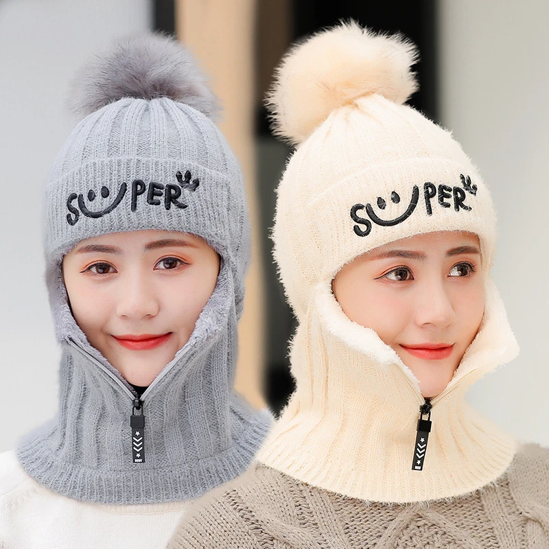 帽子女冬新款韩版针织帽护耳一体套头帽女士冬天骑车加绒毛线帽