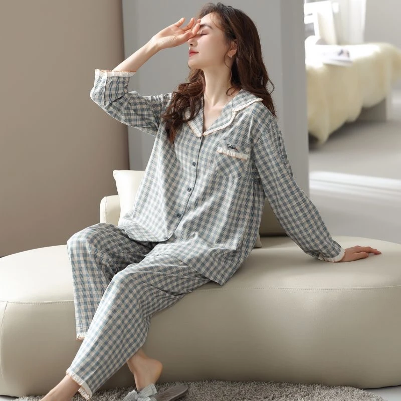 睡衣女士春秋季开衫长袖新款宽松大码格子高级感秋冬家居服