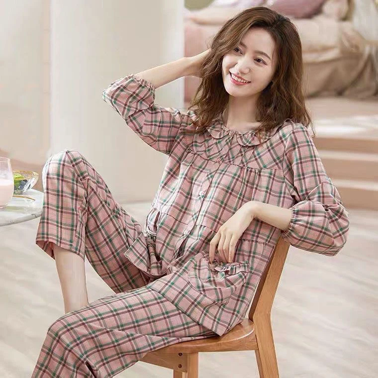格子睡衣女春秋季长袖薄款大码韩版格子家居服套装新款