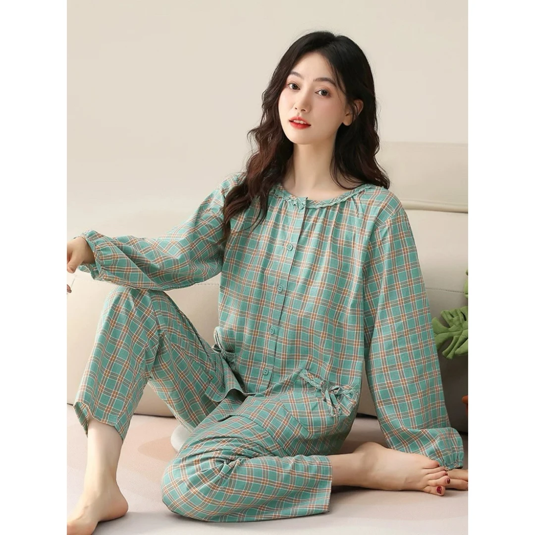 大码长袖棉睡衣女套装春夏新款格子开衫宽松简约家居服可外穿秋