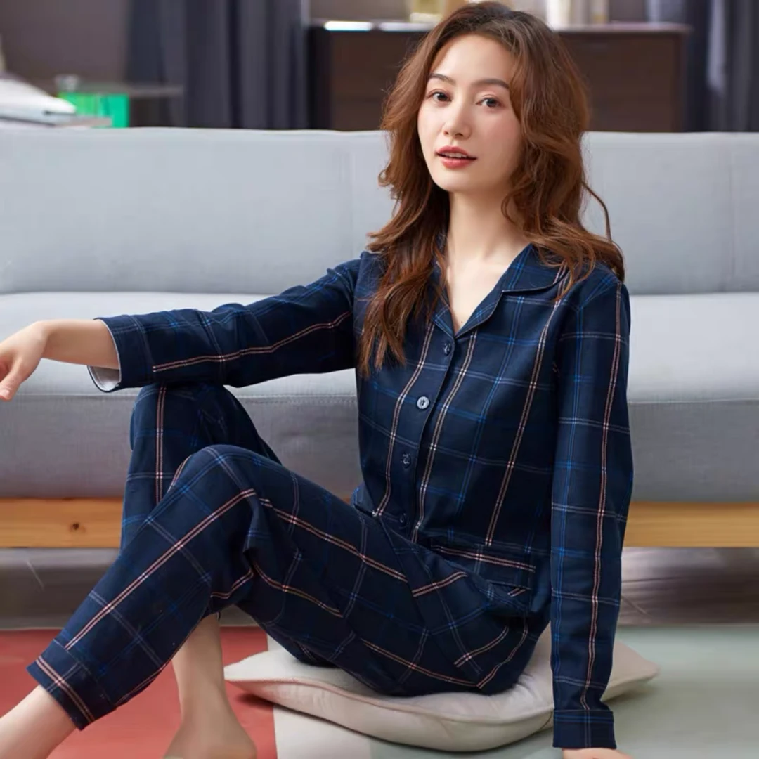睡衣女套装春秋款长袖长裤宽松可外穿秋冬格子开衫薄款家居服