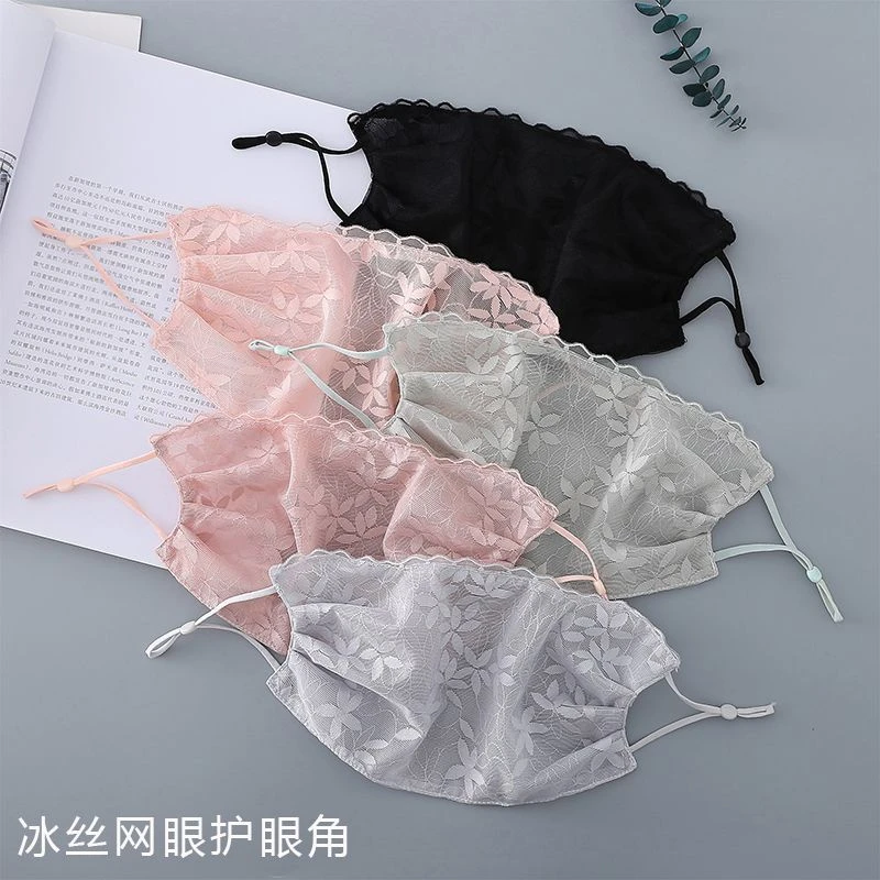 护眼角冰丝网眼面纱夏季薄款透气水洗防晒淑女印花双面可戴面罩