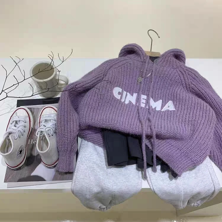 女童春秋毛衣新款时髦洋气儿童连帽小女孩中大童网红内搭外穿