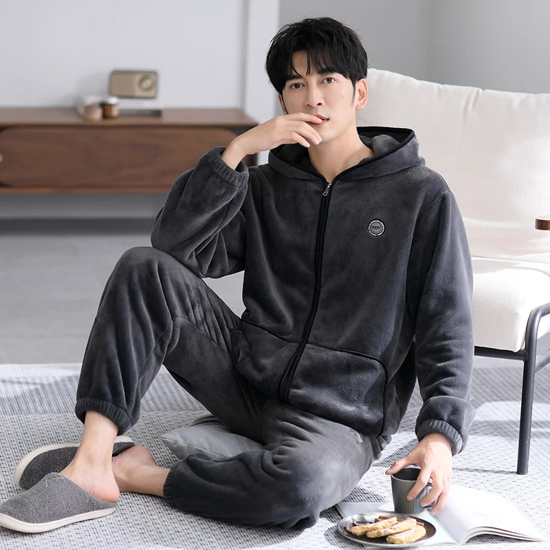 2024男款高端暖绒套装可外穿男士长袖秋季高档睡衣带帽休闲家居服