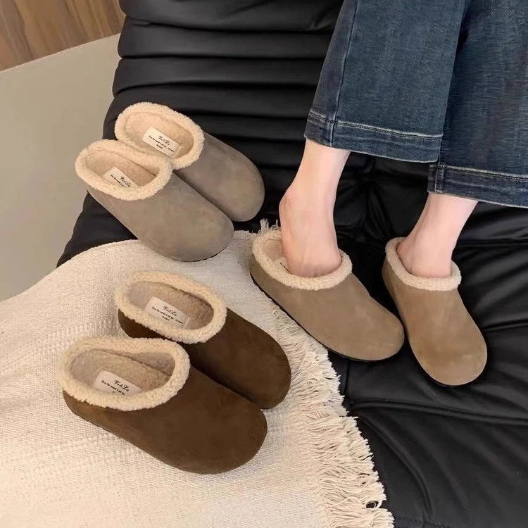 网红毛毛包头半拖鞋女外穿2024新款秋冬加绒居家软底孕妇勃肯棉拖