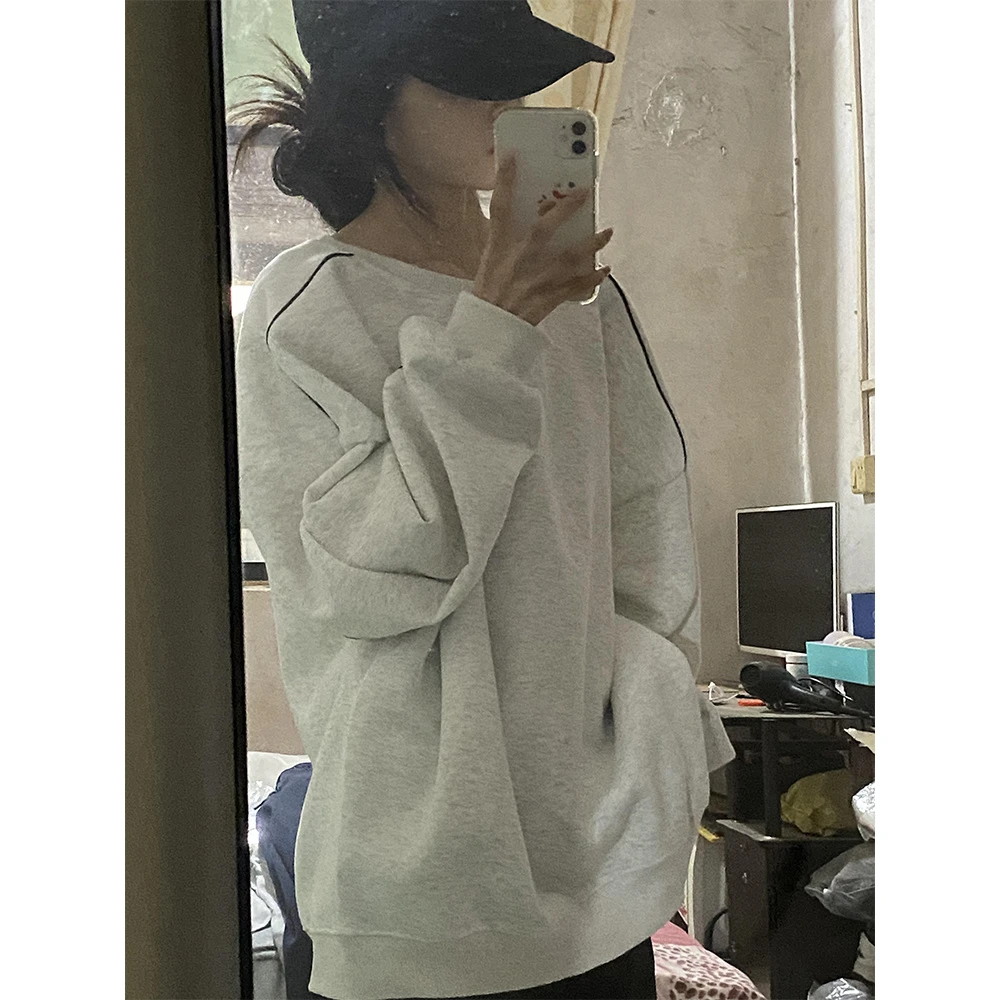 灰色卫衣女2024秋冬新款复古慵懒风圆领宽松oversize长袖套头上衣