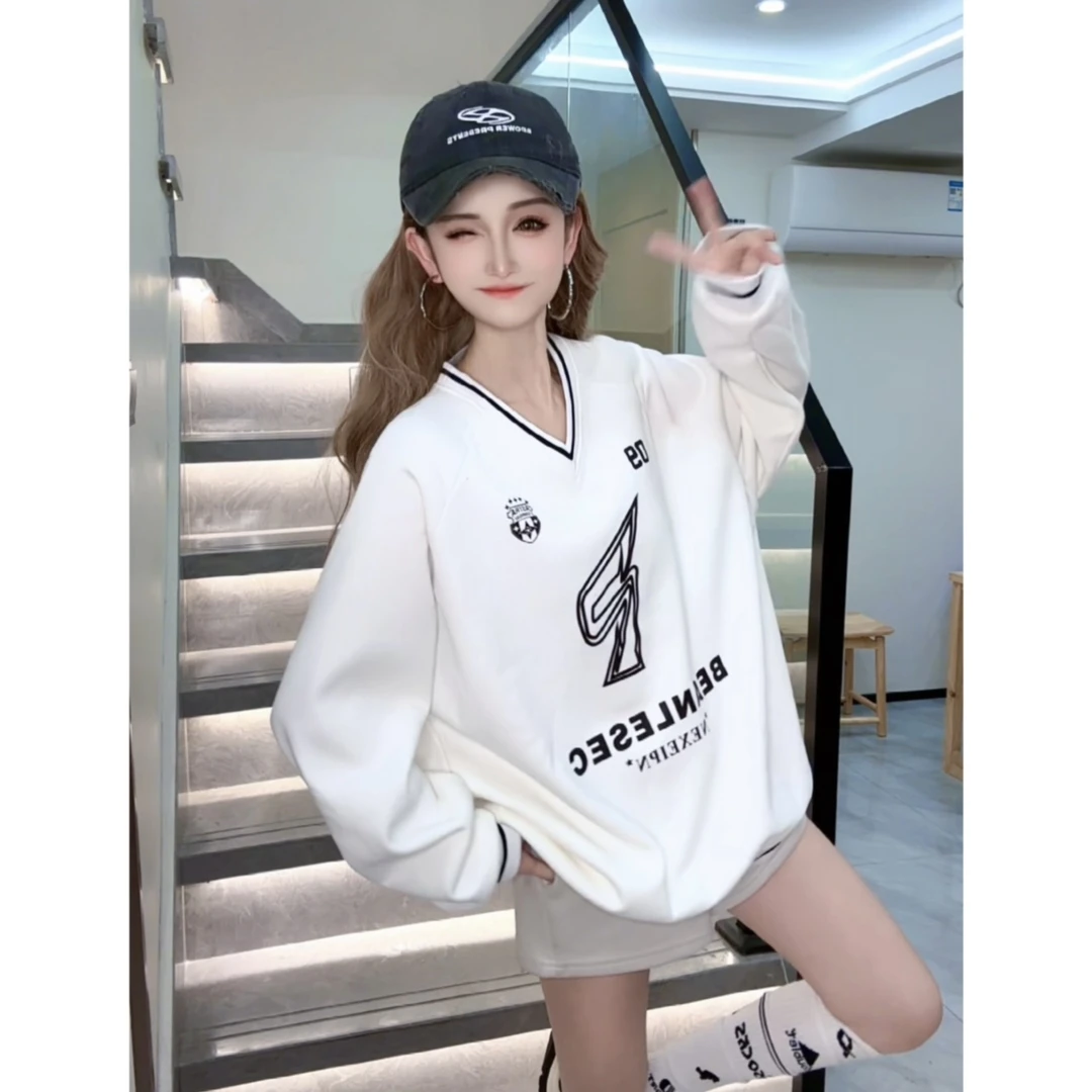 【INCC】2024秋冬新款加绒卫衣美式V领字母设计感小众休闲上衣Y180