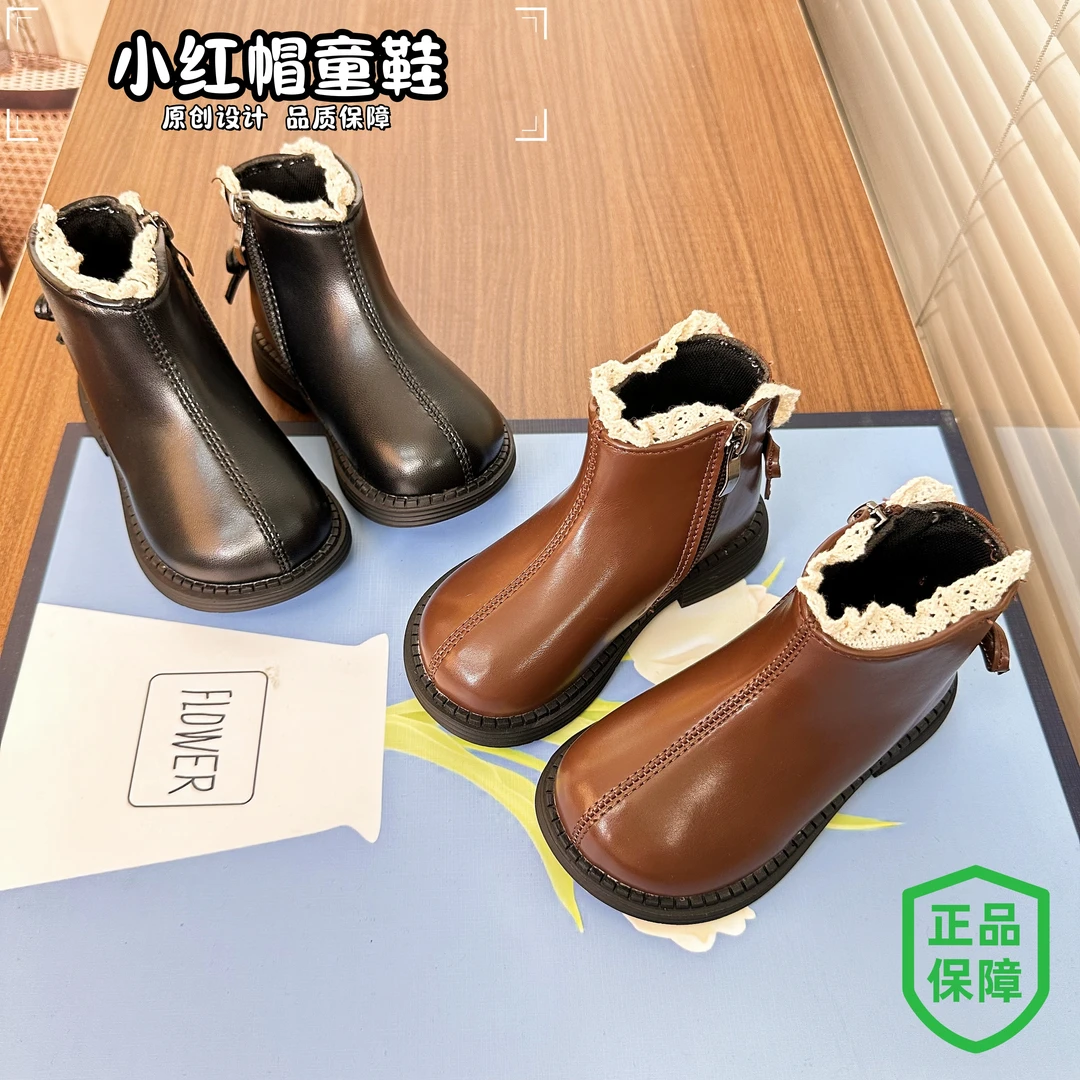 女童单靴冬季款防滑加棉软底靴女小童英伦风皮靴冬季保暖马丁靴