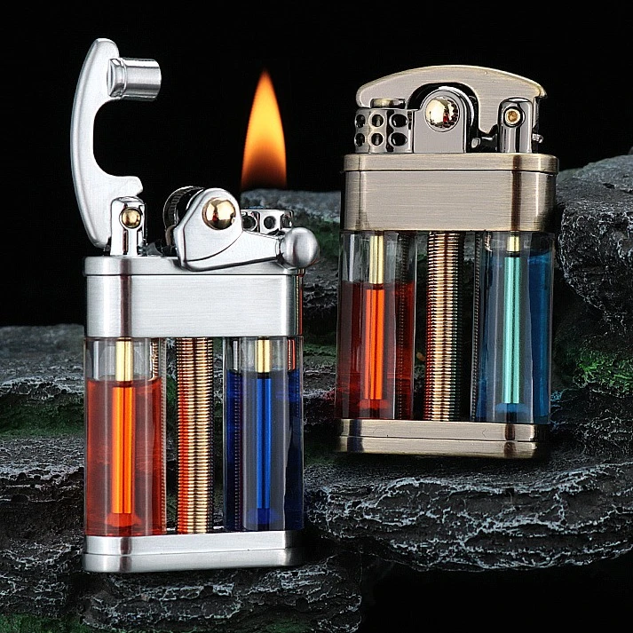 透明双管复古金属打火机油仓打火机煤油摇臂砂轮纯铜打火机套装
