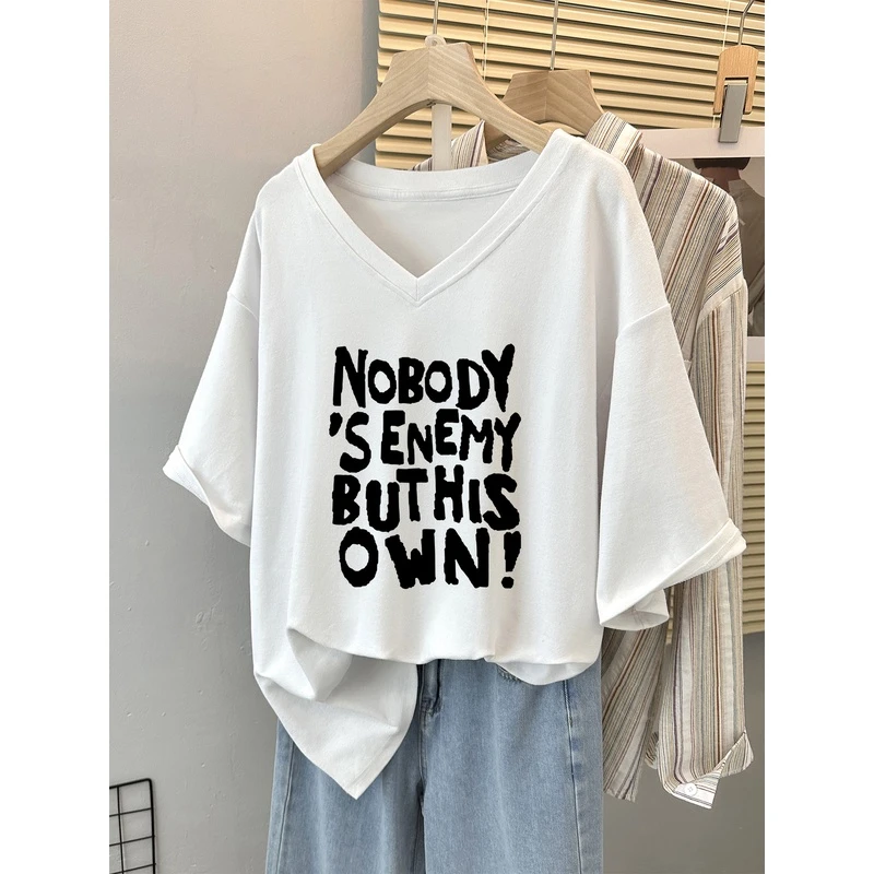 纯棉短袖t恤女夏季2024新款大码宽松oversize遮肚半袖体恤V领上衣