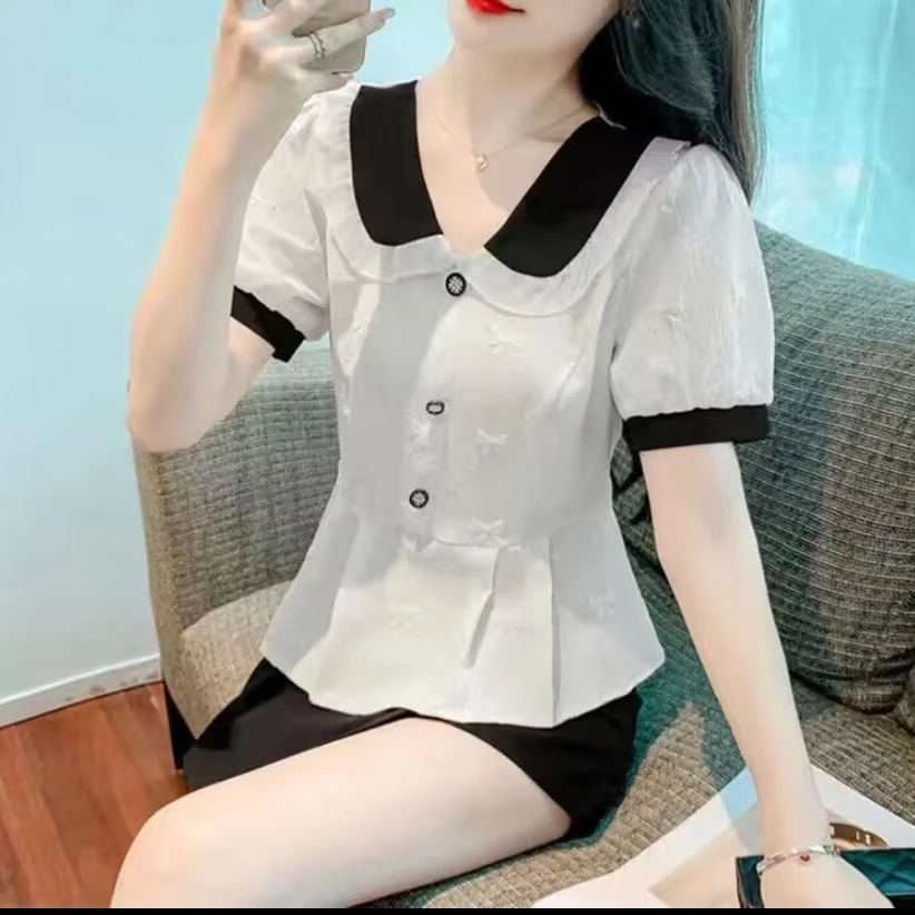 夏季新款气质洋气时尚显瘦减龄 小香风娃娃领上衣女
