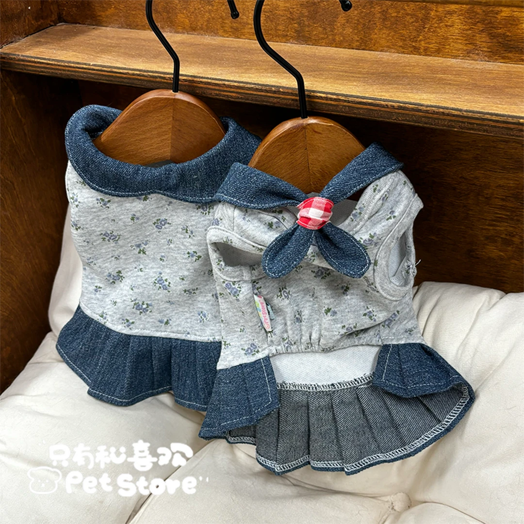 宠物服饰牛仔裙弹力碎花卫衣打底衣马尔济斯约克夏猫咪小型犬