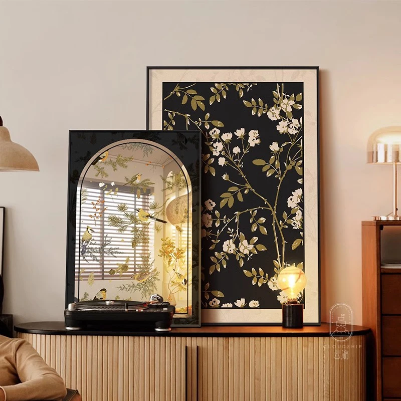 中古风复古法式镜子装饰画客厅挂画玄关桌面摆件画卧室镜面落地画