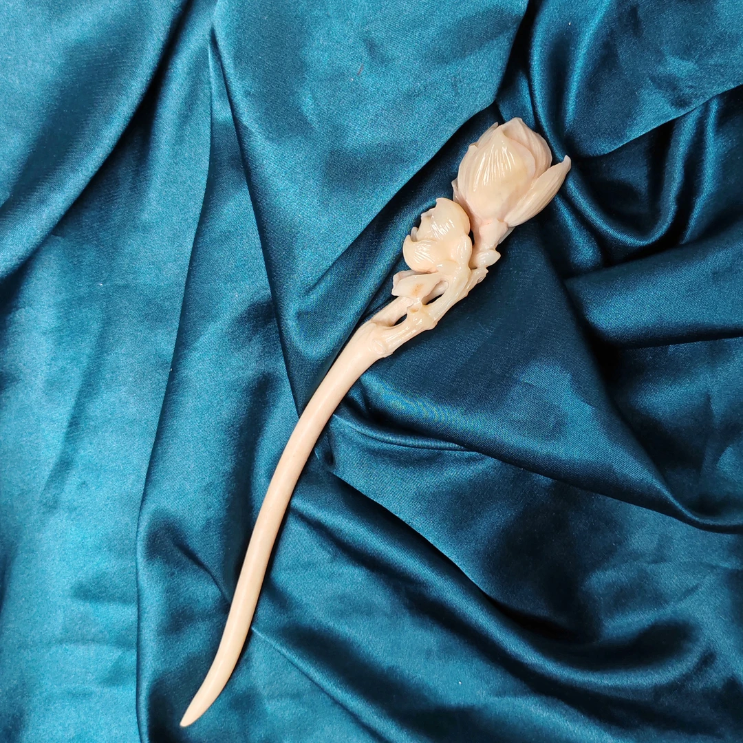 鹿角黄油玉兰花发簪原创设计手工精雕