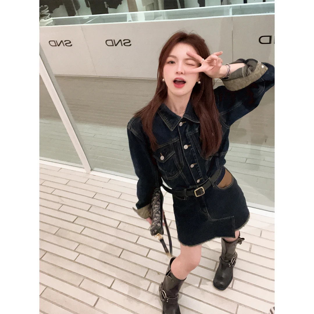 TMH STUDIO纸片人/洗水蓝牛仔套装裙两件套女小个子2024新款