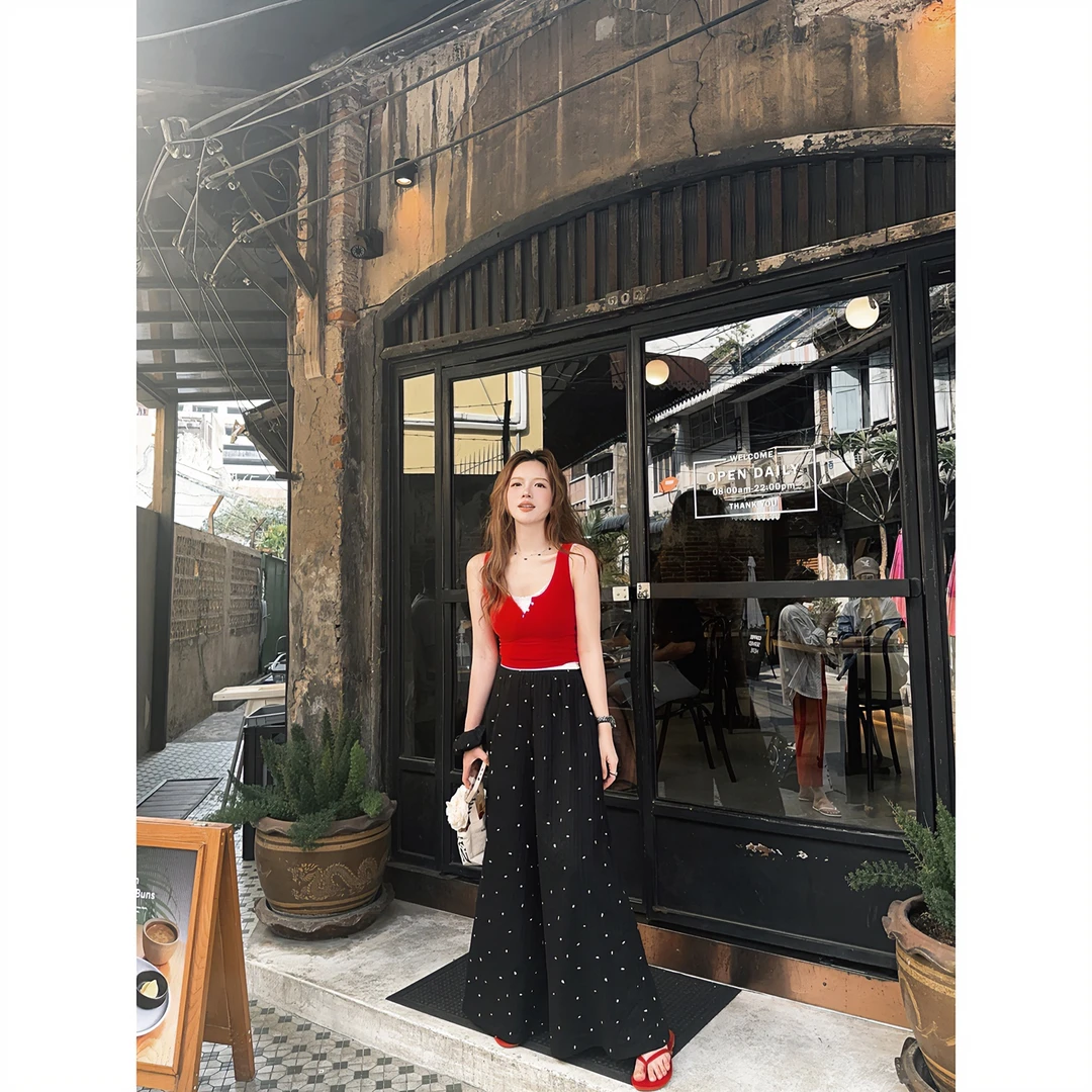 TMH STUDIO海岛度假 慵懒感波点喇叭休闲长裤女宽松防晒阔腿裤子
