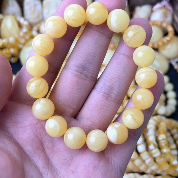 琥珀手串未镶嵌11+俄料妖白花蜡圆珠手串