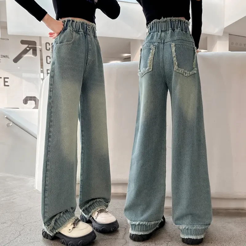 女童牛仔裤秋冬款2025新款儿童直筒裤子宽松女大童加绒高腰阔腿裤