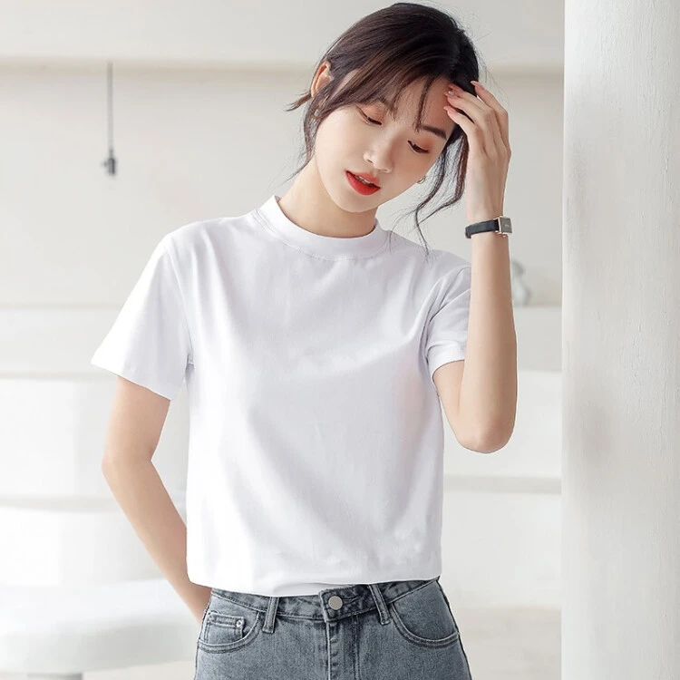 白色短袖t恤女半高领夏季新款纯色棉质宽松显瘦百搭正肩体恤上衣