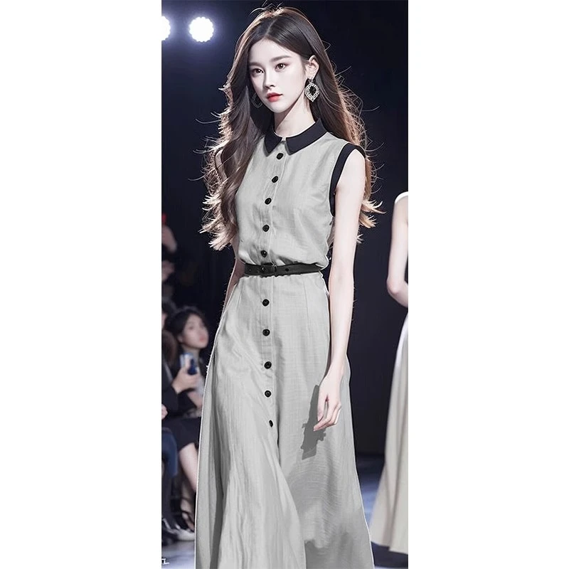 今年流行漂亮独特气质收腰长裙法式高端精致灰色背心连衣裙子女夏