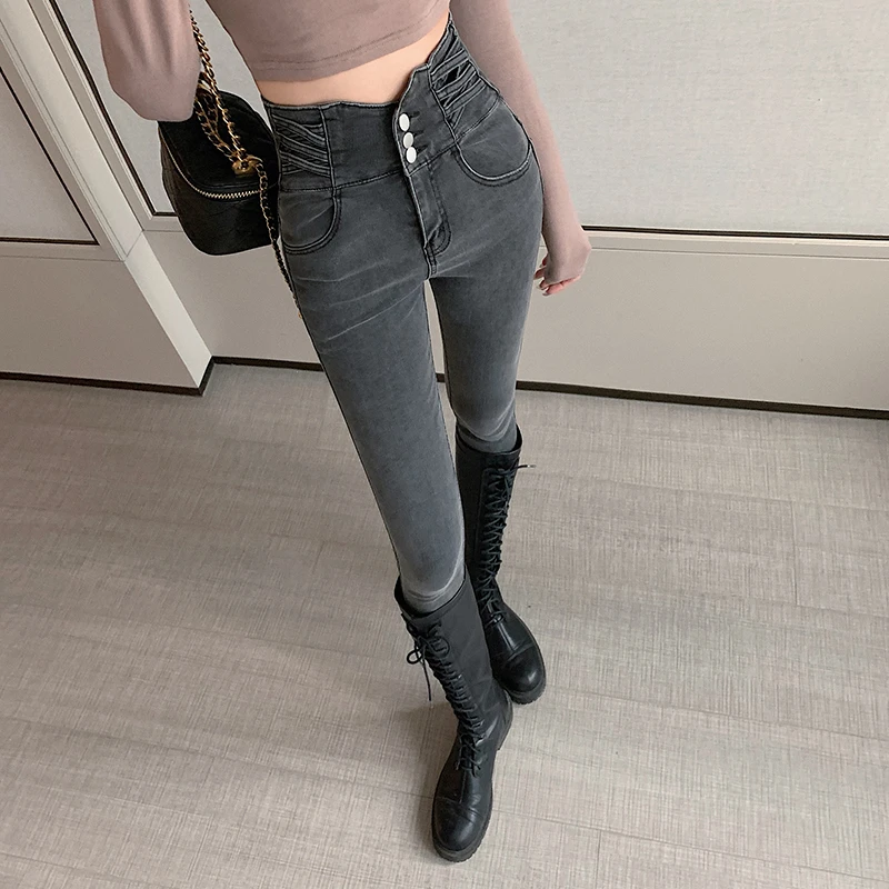 超高腰牛仔裤女春秋2023年新款修身显瘦烟灰色紧身小脚铅笔裤弹力
