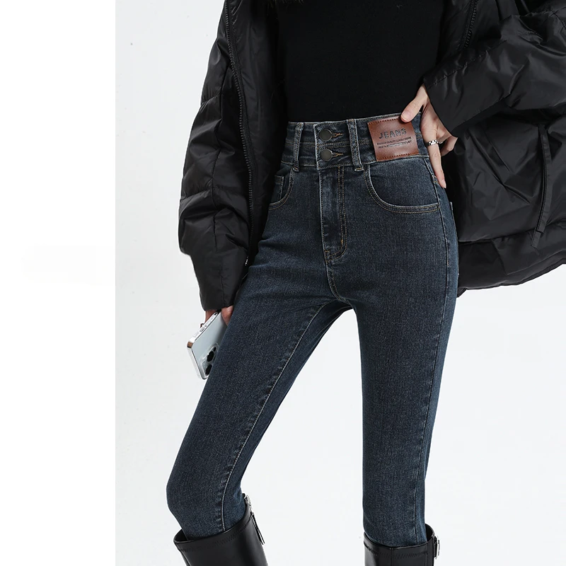 高腰配靴子牛仔裤女外穿2024秋冬新款百搭紧身弹力浅色牛仔裤加绒