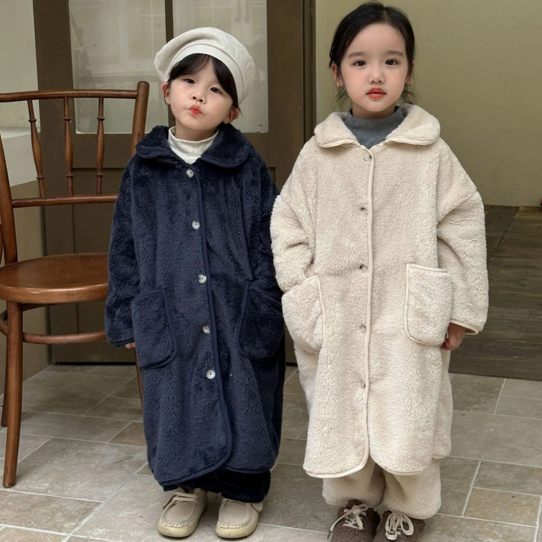儿童法兰绒睡衣长款男童秋冬季宝宝睡袍男孩女童珊瑚绒家居服套装
