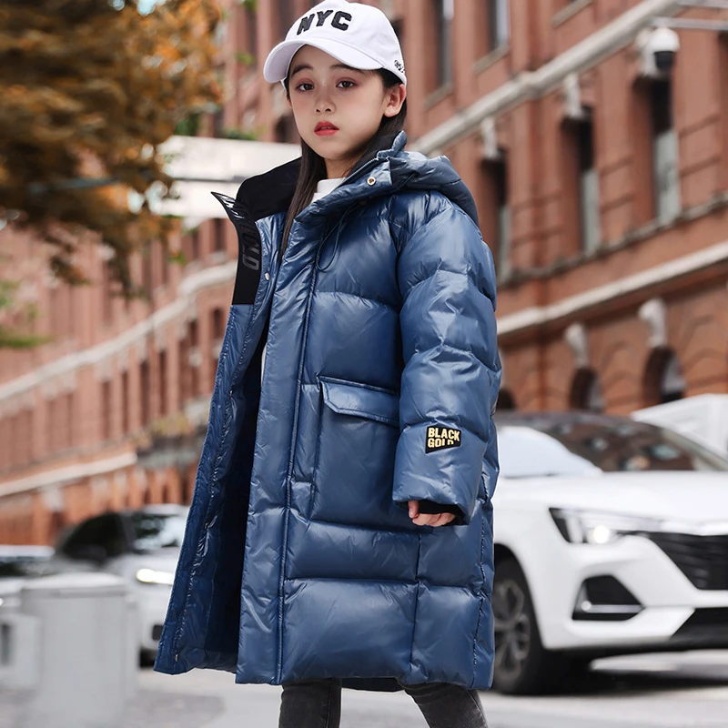 冬新款儿童中大童黑金白鸭绒中长款羽绒服连帽男女童外套加厚