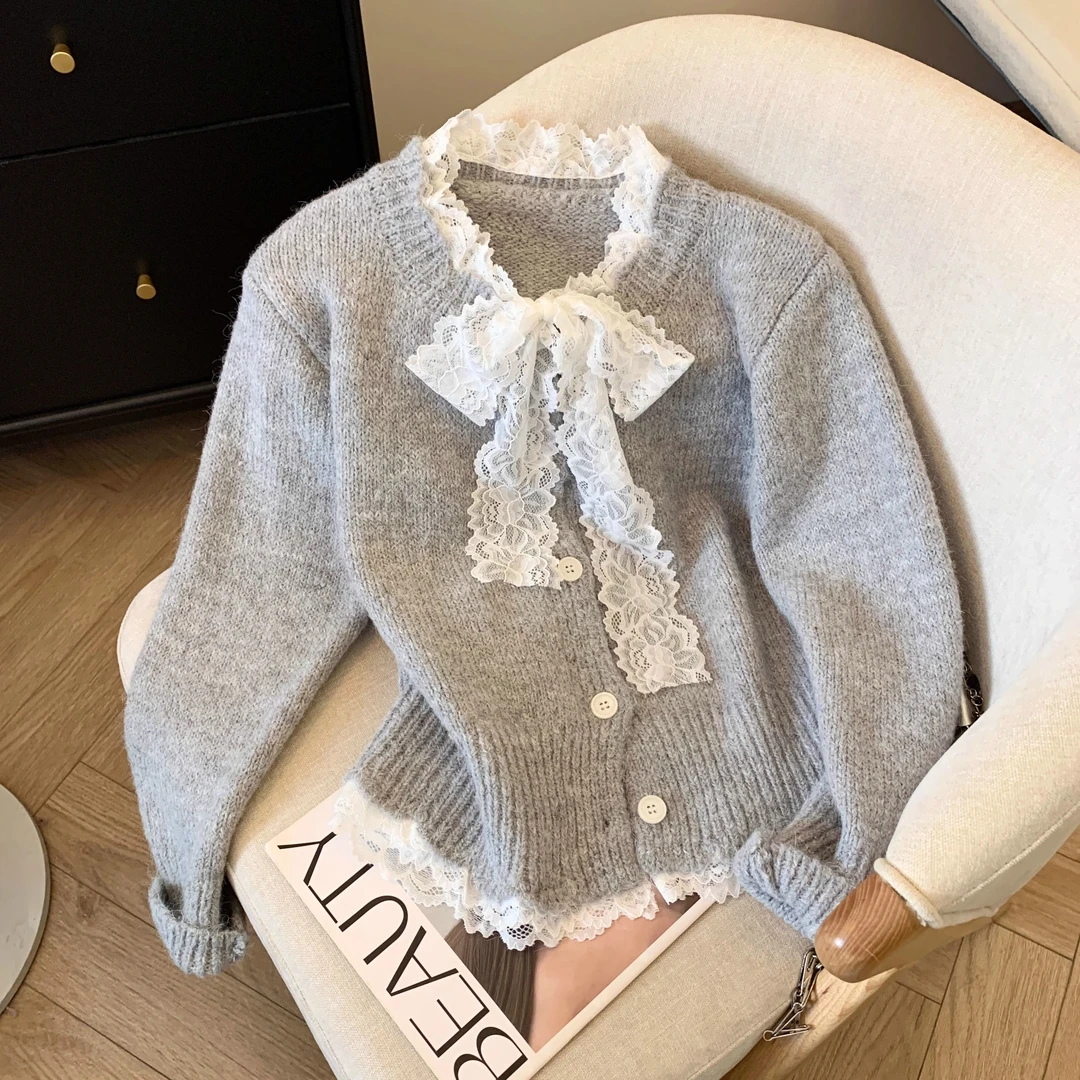小香风蕾丝花边领针织开衫女秋冬款独特系带蝴蝶结毛衣小个子外套