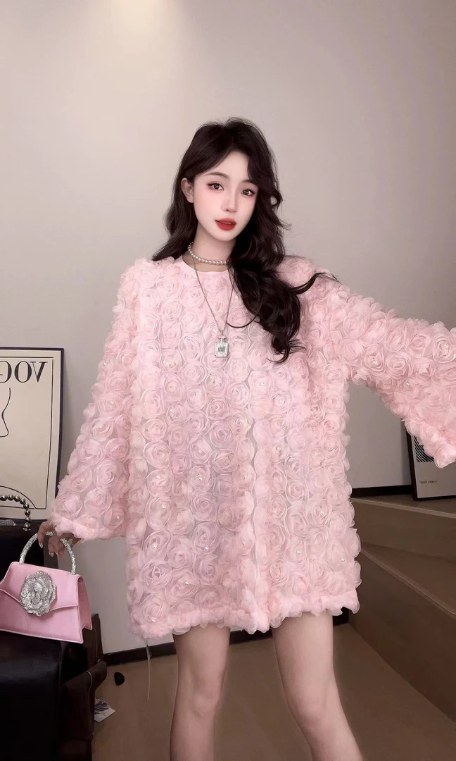 【婉婉欧货】2024秋季新款法式立体玫瑰花重工钉珠网纱上衣A337-9