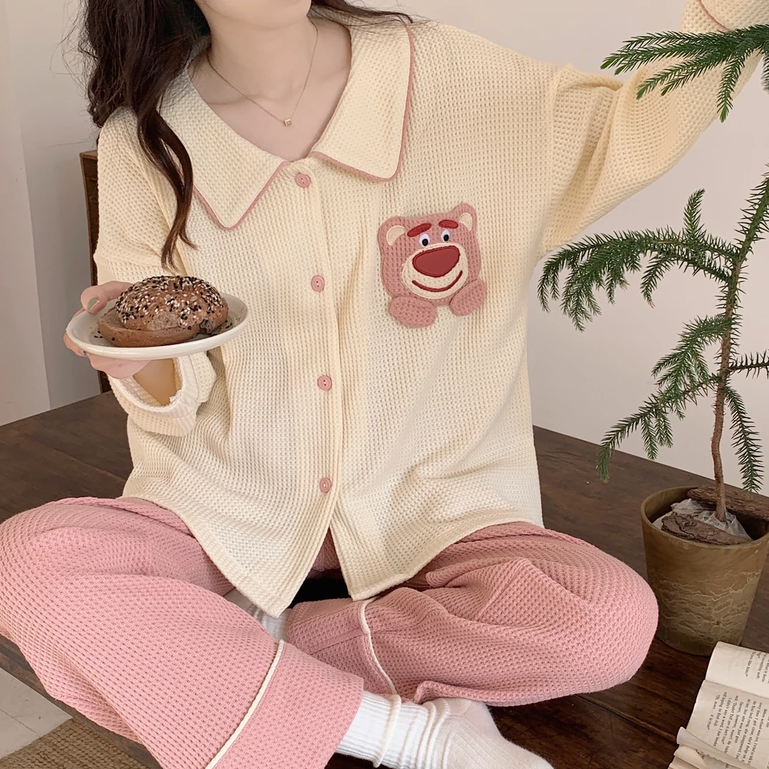 睡衣女春秋季新款韩版甜美少女大码宽松长袖开衫翻领可外穿家居服