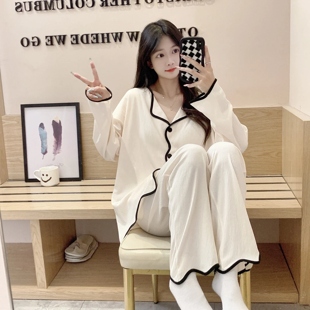 睡衣女2024新款带胸垫春秋季网红大码宽松长袖卡通可爱家居服套装