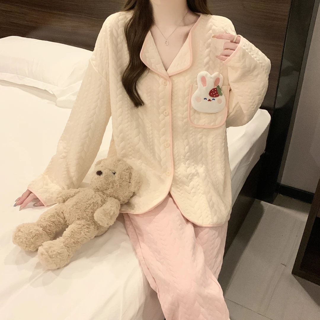 睡衣女春秋季空气棉长袖新款可爱卡通大码开衫家居服冬款外穿套装