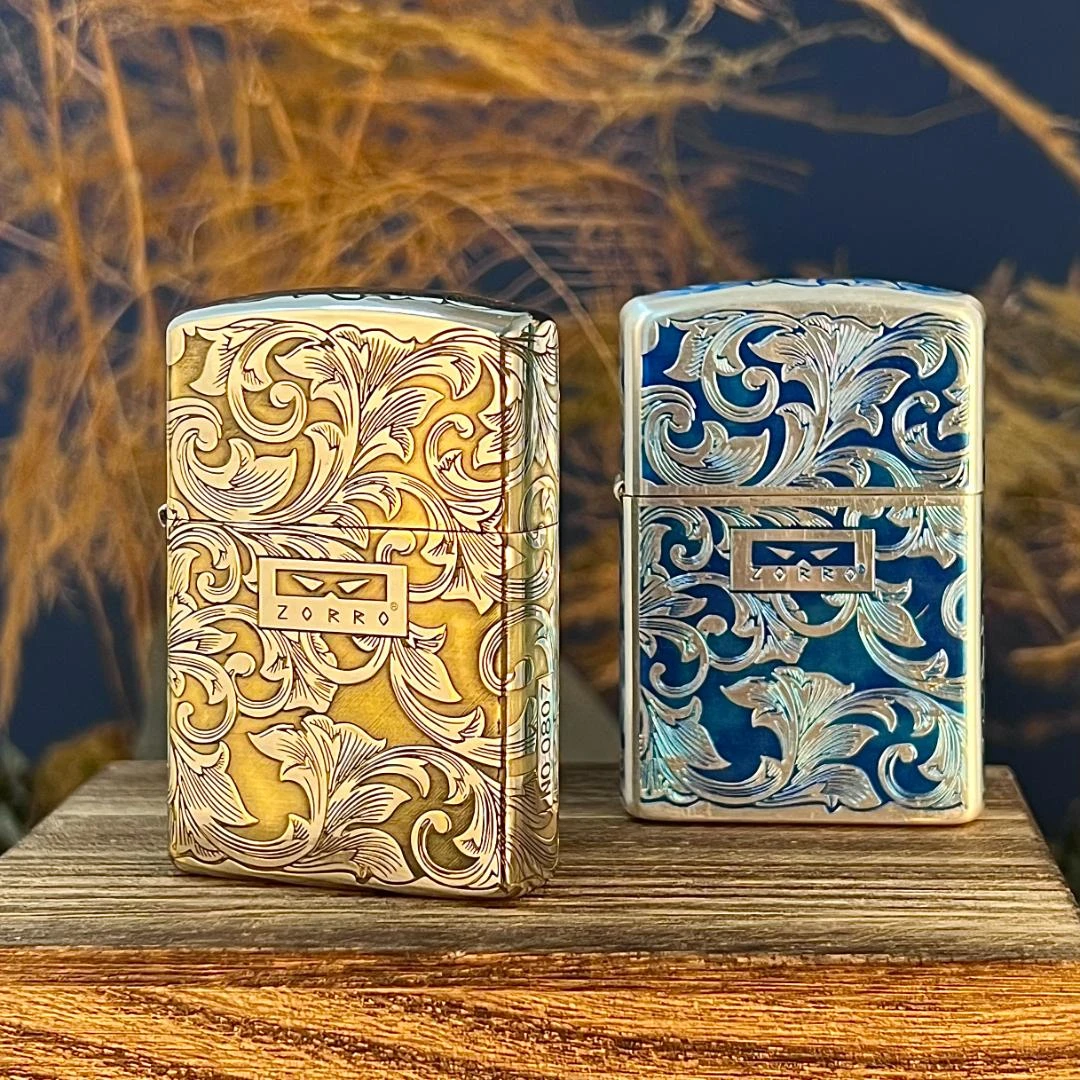 zorro佐罗二代打火机防风纯铜双面银蓝唐草花高颜值新年礼物