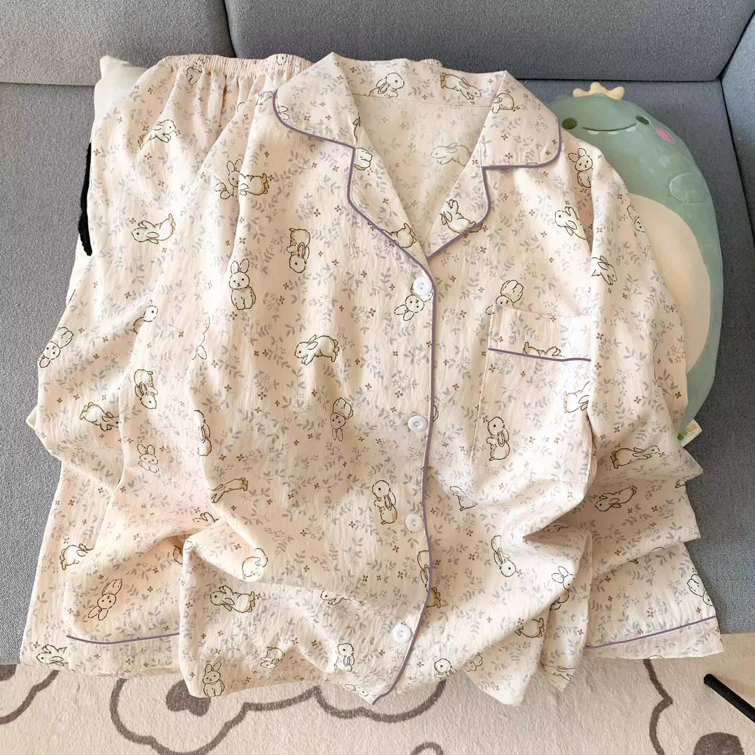 秋季可爱碎花小兔睡衣女长袖学生卡通开衫休闲家居服套装春秋外穿