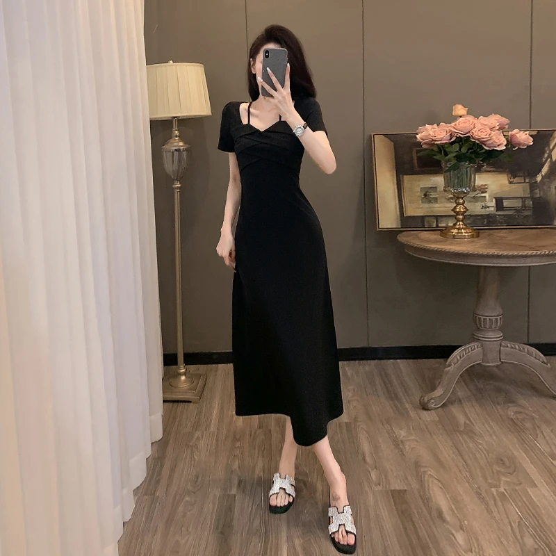 夏季收腰显瘦法式长裙气质连衣裙子女2023新款时尚高级感黑色遮肉
