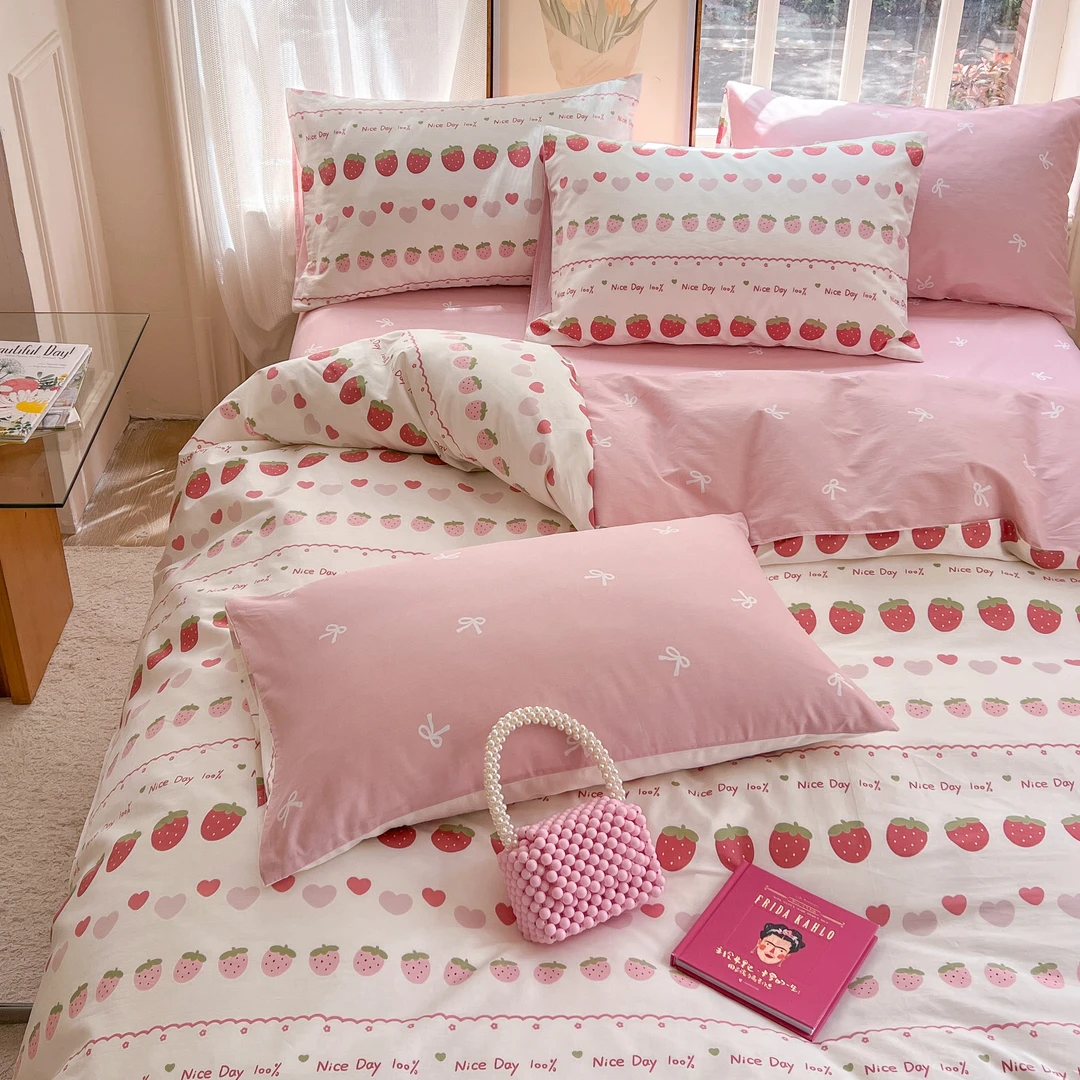 轻素家纺-全棉粉草莓被套床单四件套宿舍三件套床上用品 草莓冰sn