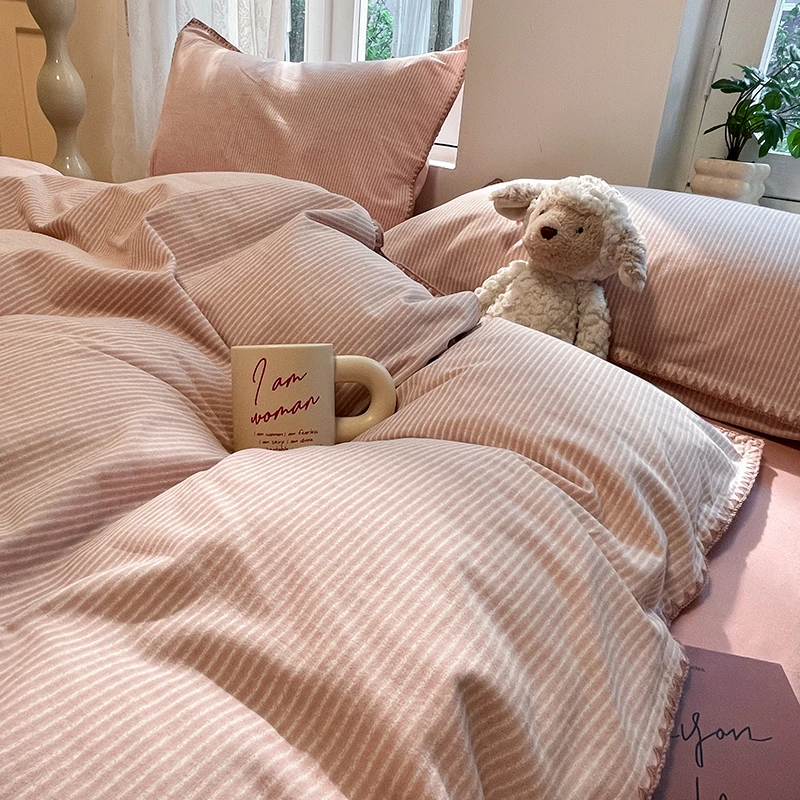 轻素家居-秋冬加厚全棉磨毛贝壳边床单床笠四件套学生宿舍三件套