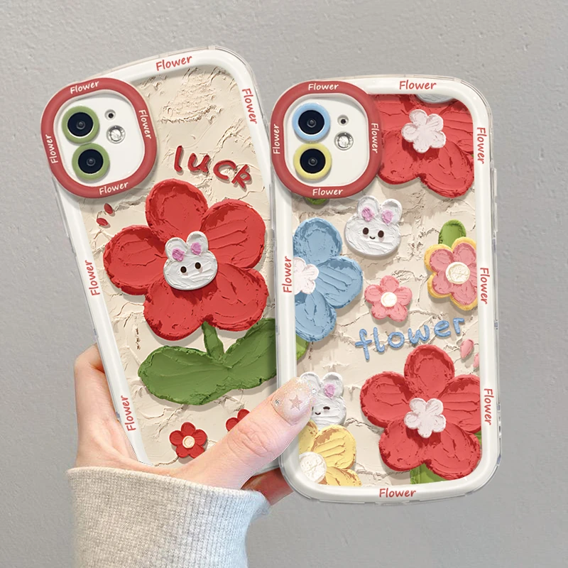 油画兔子花苹果14手机壳iPhone13新款11奶油壳12女Max超薄14P防摔