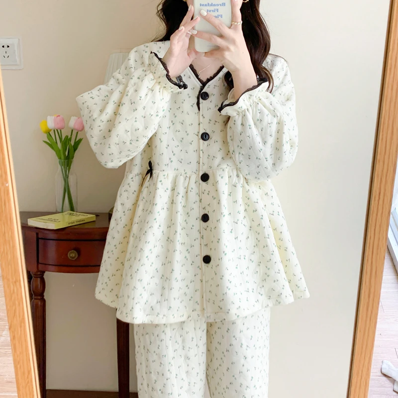 空气棉孕妇睡衣冬季产后纯棉加厚碎花月子服春秋大码哺乳喂奶套装