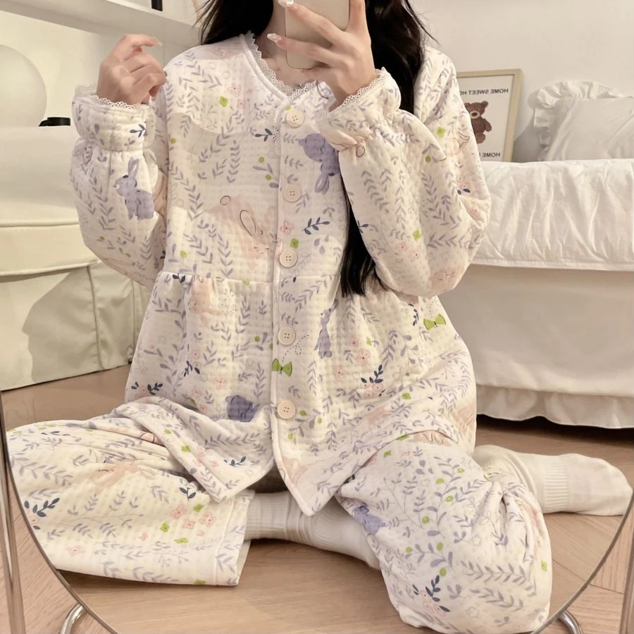 带胸垫秋冬季月子服孕妇大码空气棉睡衣产后哺乳装加厚保暖家居服