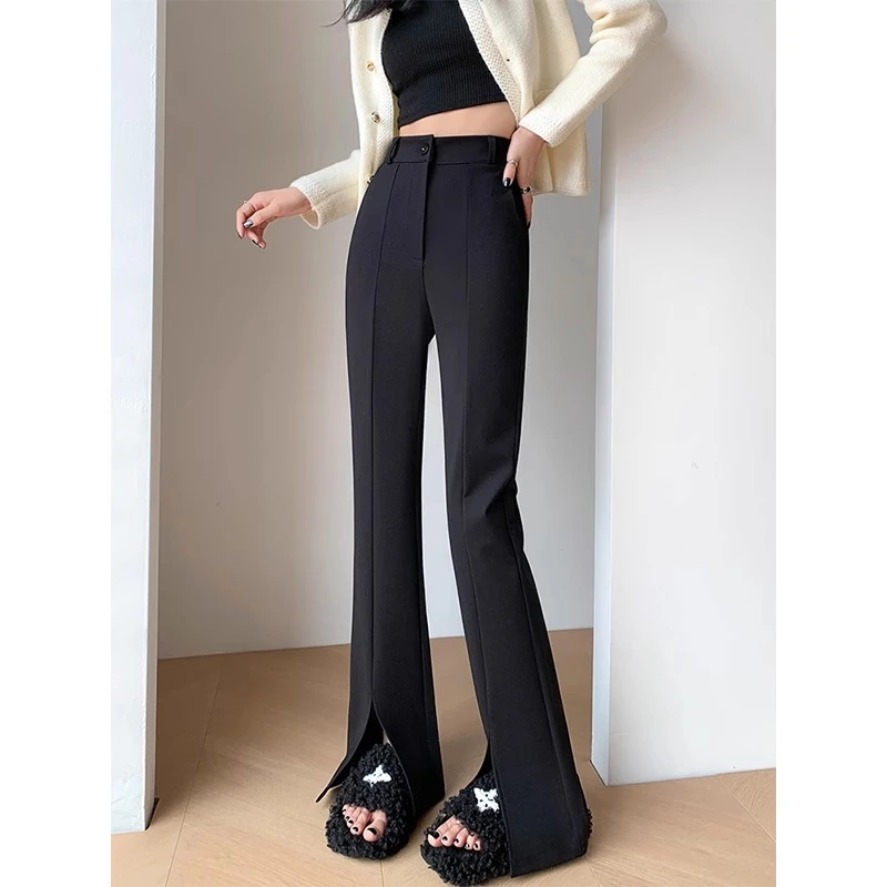 黑色喇叭裤女春秋2025新款高腰显瘦垂感弹力小个子开叉西装微喇裤