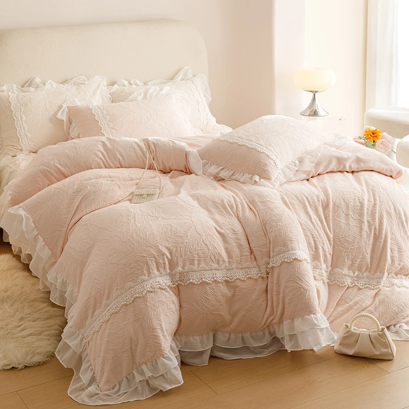 冬季牛奶绒床裙款四件套法式公主风绒被套韩版被罩御寒保暖床品