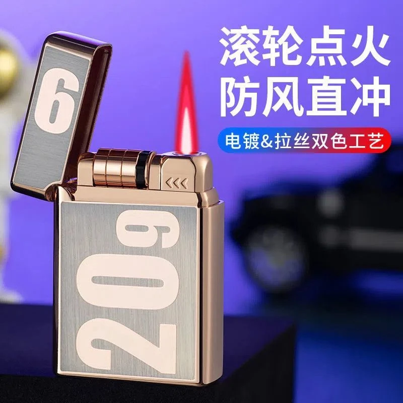 2099电子感应滚轮红火焰打火机充气创意防风高档个性礼物送男友潮