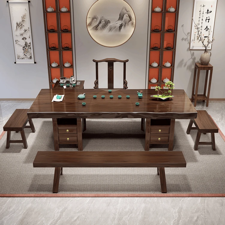 原木大板实木茶桌椅组合自然纹理办公室禅意功夫工艺茶台干泡茶桌
