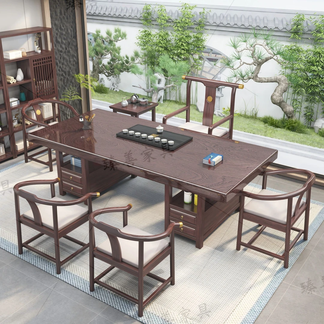 实木大板茶桌椅组合新中式黑黄檀一桌五椅禅意办公家用茶几泡茶台
